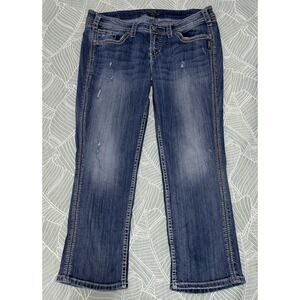 Silver Jeans Twisted Capri Women Distressed Denim Crop Pants Embroidered Size 16